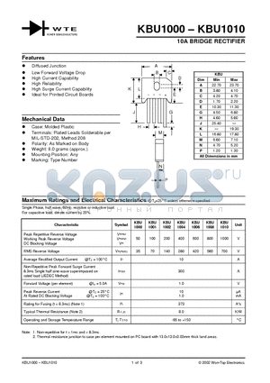 KBU1008 datasheet - 10A BRIDGE RECTIFIER