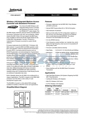 ISL3880IK datasheet - Wireless LAN Integrated Medium Access Controller with Baseband Processor