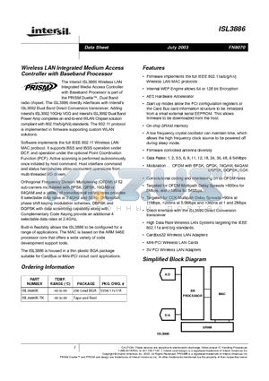 ISL3886 datasheet - Wireless LAN Integrated Medium Access Controller with Baseband Processor