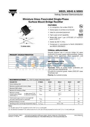 MB6S datasheet - Miniature Glass Passivated Single-Phase Surface Mount Bridge Rectifier