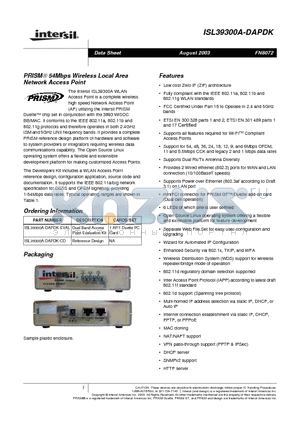 ISL39300A-DAPDK datasheet - PRISM  54Mbps Wireless Local Area Network Access Point