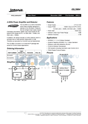 ISL3984IR datasheet - 2.4GHz Power Amplifier and Detector