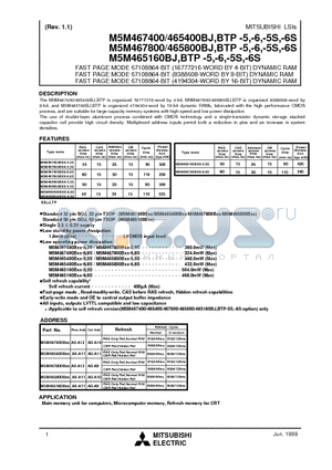 M5M467800TP-6 datasheet - FAST PAGE MODE 67108864-BIT (16777216-WORD BY 4-BIT) DYNAMIC RAM