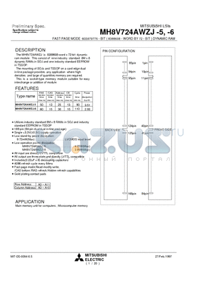 MH8V724AWZJ-6 datasheet - FAST PAGE MODE 603979776 - BIT ( 8388608 - WORD BY 72 - BIT ) DYNAMIC RAM