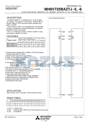MH8V725BAZTJ-6 datasheet - HYPER PAGE MODE 603979776 - BIT ( 8388608 - WORD BY 72 - BIT ) DYNAMIC RAM