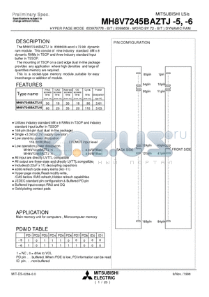 MH8V7245BAZTJ-6 datasheet - HYPER PAGE MODE 603979776 - BIT ( 8388608 - WORD BY 72 - BIT ) DYNAMIC RAM