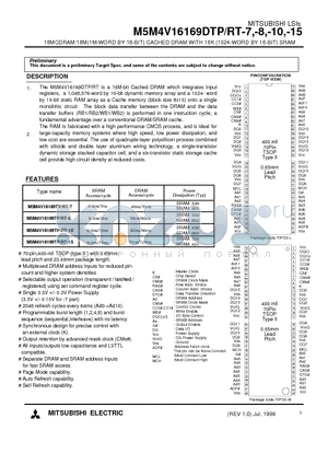 M5M4V16169DTP-15 datasheet - 16MCDRAM:16M(1M-WORD BY 16-BIT) CACHED DRAM WITH 16K (1024-WORD BY 16-BIT) SRAM