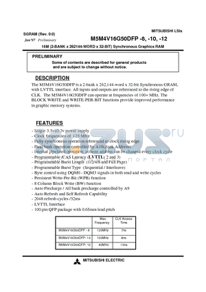 M5M4V16G50DFP-10 datasheet - 16M (2-BANK x 262144-WORD x 32-BIT) Synchronous Graphics RAM