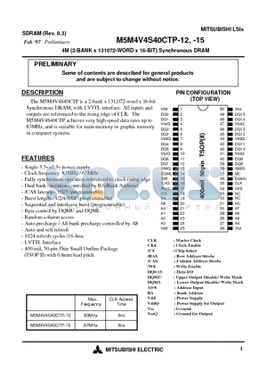 M5M4V4S40CTP-12 datasheet - 4M (2-BANK x 131072-WORD x 16-BIT) Synchronous DRAM