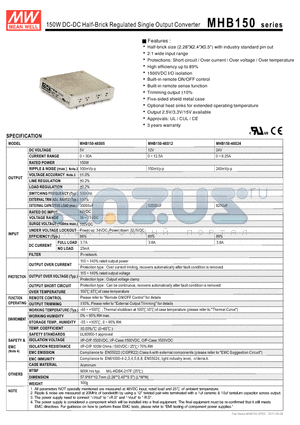 MHB150-48S05 datasheet - 150W DC-DC Half-Brick Regulated Single Output Converter