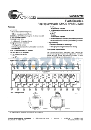 PALCE22V10-10JI datasheet - Flash Erasable, Reprogrammable CMOS PAL^ Device