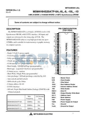 M5M4V64S20ATP-10L datasheet - 64M (4-BANK x 4194304-WORD x 4-BIT) Synchronous DRAM