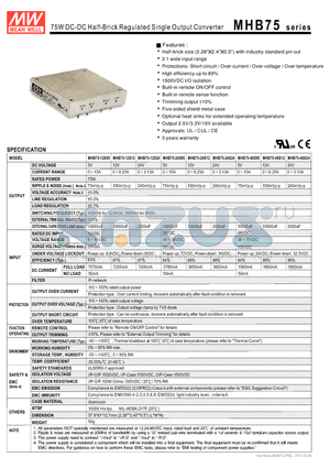 MHB75-48S24 datasheet - 75W DC-DC Half-Brick Regulated Single Output Converter