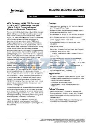 ISL4245EIRZ datasheet - QFN Packaged, a15kV ESD Protected, 2.7V to 5.5V, 10Nanoamp, 250kbps/1Mbps, RS-232 Transceivers with Enhanced Automatic Power-down