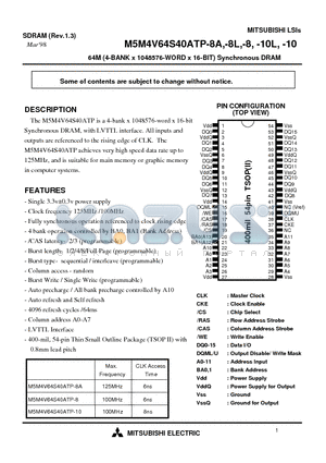 M5M4V64S40ATP-10L datasheet - 64M (4-BANK x 1048576-WORD x 16-BIT) Synchronous DRAM