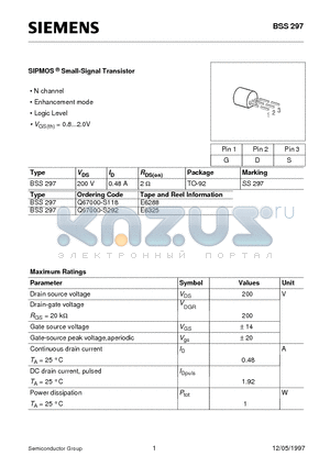 Q67000-S118 datasheet - SIPMOS Small-Signal Transistor (N channel Enhancement mode Logic Level)