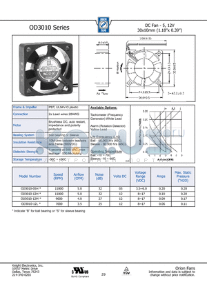 OD3010-12H datasheet - DC Fan - 5, 12V 30x10mm (1.18x 0.39)