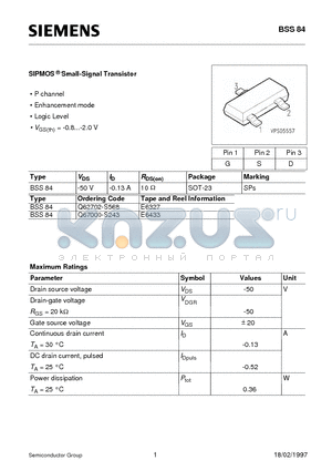 Q67000-S243 datasheet - SIPMOS Small-Signal Transistor (P channel Enhancement mode Logic Level)