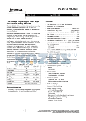 ISL43111IB-T datasheet - Low-Voltage, Single Supply, SPST, High Performance Analog Switches