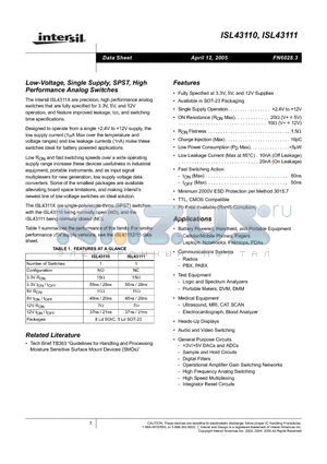 ISL43110IBZ-T datasheet - Low-Voltage, Single Supply, SPST, High Performance Analog Switches