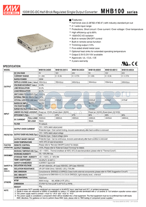 MHB100-24S24 datasheet - 100W DC-DC Half-Brick Regulated Single Output Converter