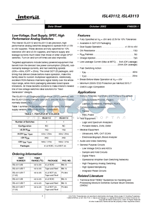 ISL43112IH-T datasheet - Low-Voltage, Dual Supply, SPST, High Performance Analog Switches