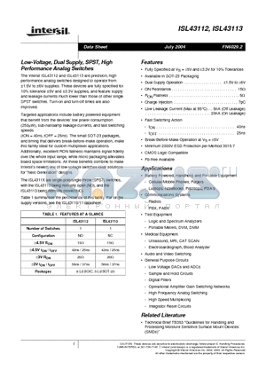 ISL43113IBZ datasheet - Low-Voltage, Dual Supply, SPST, High Performance Analog Switches