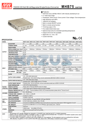 MHB75-12S24 datasheet - 75W DC-DC Half-Brick Regulated Single Output Converter