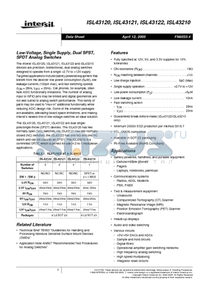 ISL43120 datasheet - Low-Voltage, Single Supply, Dual SPST, SPDT Analog Switches