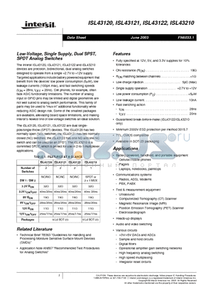 ISL43121 datasheet - Low-Voltage, Single Supply, Dual SPST, SPDT Analog Switches