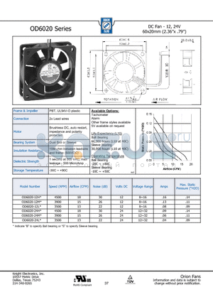 OD6020-12LB datasheet - DC Fan - 12, 24V 60x20mm (2.36x .79)