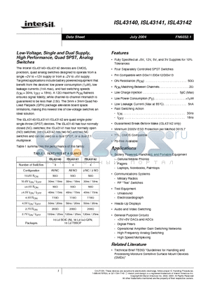 ISL43141IB datasheet - Low-Voltage, Single and Dual Supply, High Performance, Quad SPST, Analog Switches