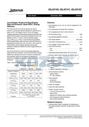 ISL43140IV datasheet - Low-Voltage, Single and Dual Supply, High Performance, Quad SPST, Analog Switches