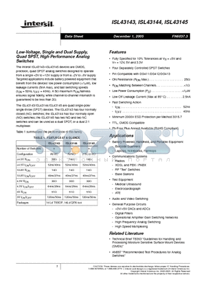 ISL43143 datasheet - Low-Voltage, Single and Dual Supply, Quad SPST, High Performance Analog Switches