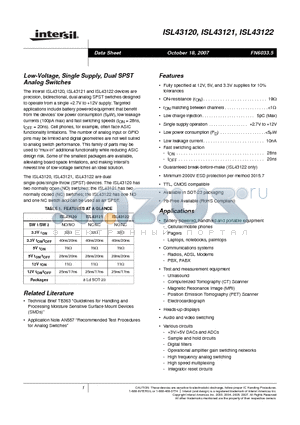 ISL43122IH-T datasheet - Low-Voltage, Single Supply, Dual SPST Analog Switches