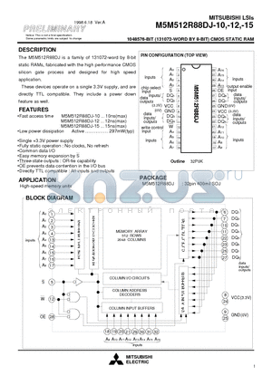 M5M512R88DJ-10 datasheet - 1048576-BIT (131072-WORD BY 8-BIT) CMOS STATIC RAM