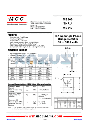 MB805 datasheet - 8 Amp Single Phase Bridge Rectifier 50 to 1000 Volts