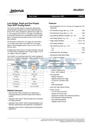 ISL43231 datasheet - Low-Voltage, Single and Dual Supply, Triple SPDT Analog Switch