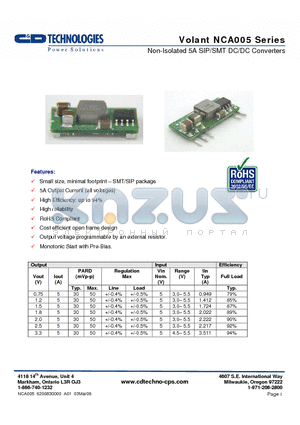 NCA0051331S0C datasheet - Non-Isolated 5A SIP/SMT DC/DC Converters