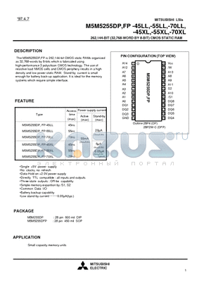 M5M5255DP-70XL datasheet - 262,144-BIT (32,768-WORD BY 8-BIT) CMOS STATIC RAM