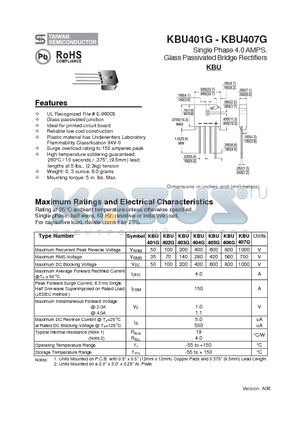 KBU401G datasheet - Single Phase 4.0 AMPS Glass Passivated Bridge Rectifiers