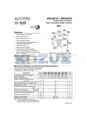 KBU401G datasheet - Single Phase 4.0 AMPS. Glass Passivated Bridge Rectifiers