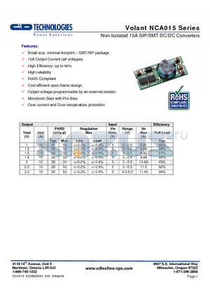NCA015 datasheet - Non-Isolated 15A SIP/SMT DC/DC Converters