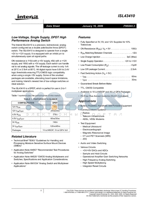 ISL43410IR-T datasheet - Low-Voltage, Single Supply, DPDT High Performance Analog Switch