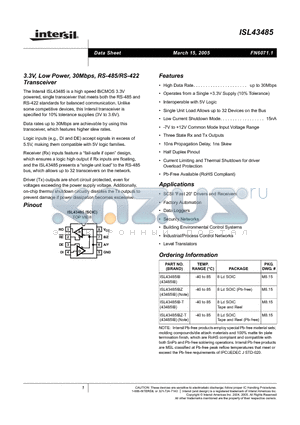 ISL43485IBZ-T datasheet - 3.3V, Low Power, 30Mbps, RS-485/RS-422 Transceiver