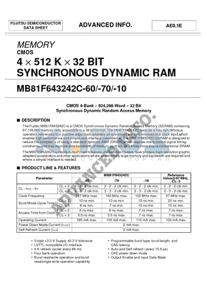 MB81F643242C-70 datasheet - 4 X 512 K X 32 BIT SYNCHRONOUS DYNAMIC RAM