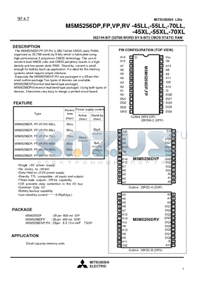 M5M5256DFP-55XL datasheet - 262144-BIT (32768-WORD BY 8-BIT) CMOS STATIC RAM