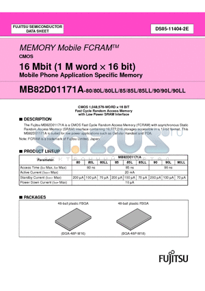 MB82D01171A-80PBN datasheet - 16 Mbit (1 M word x 16 bit) Mobile Phone Application Specific Memory