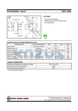 ODD-15WB datasheet - PHOTODIODE: 15mm2