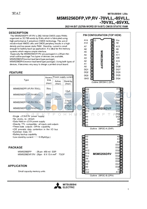 M5M5256DFP-70VLL datasheet - 262144-BIT (32768-WORD BY 8-BIT) CMOS STATIC RAM